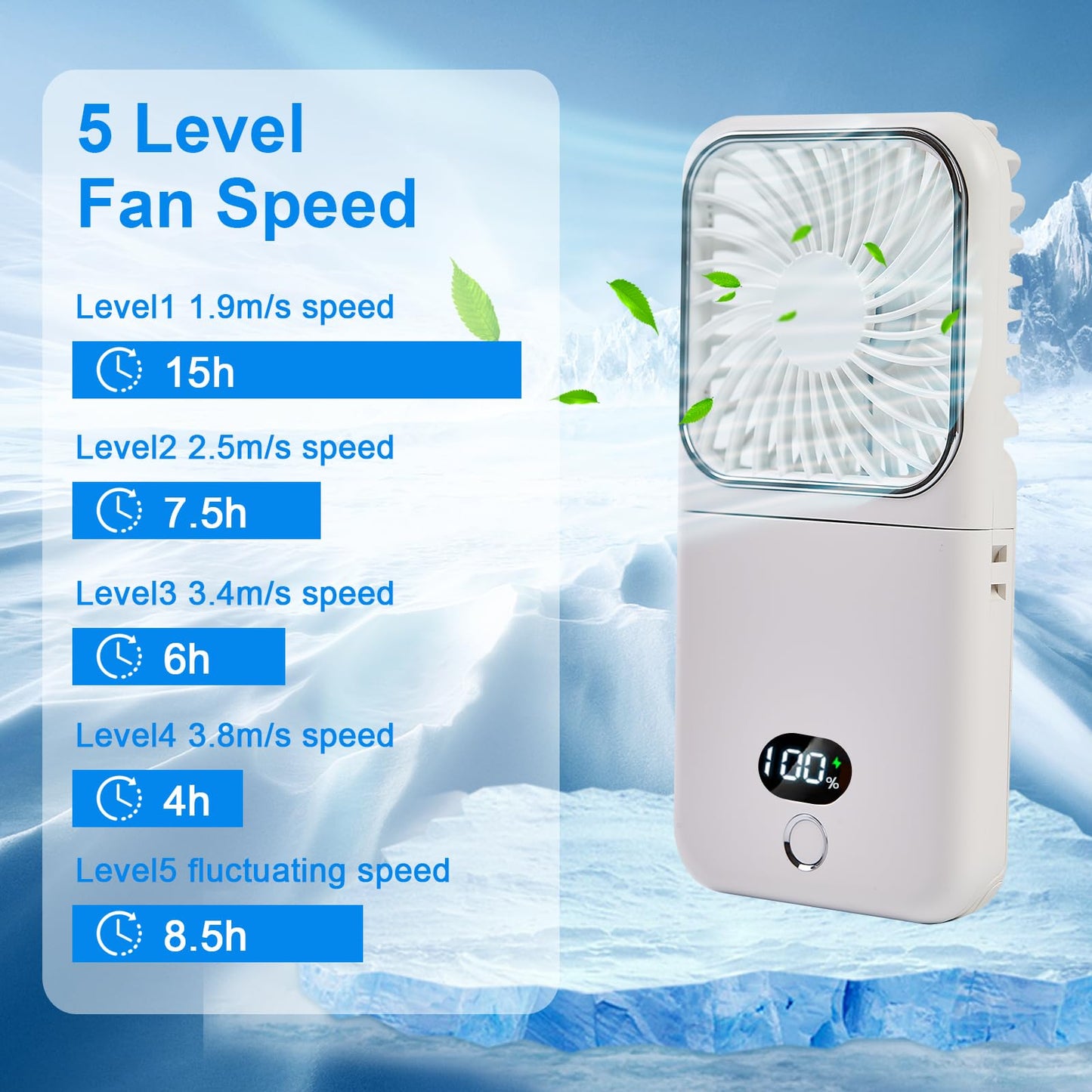 Portable Neck Fan with Mirror, Foldable Hands Free Personal Fan, USB Rechargeable Wearable Fan with Power Bank, Digital Display, Mini Desk Fan