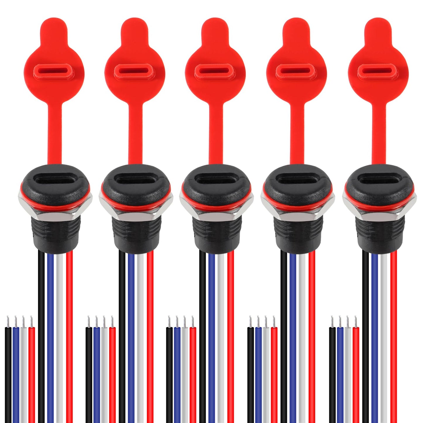 5Pcs 4Pin Charging Socket Female Mount Connector Adapter USB Type-C Port Charging Interface Socket Female Type C 3A with Waterproof Cover Cap Jack