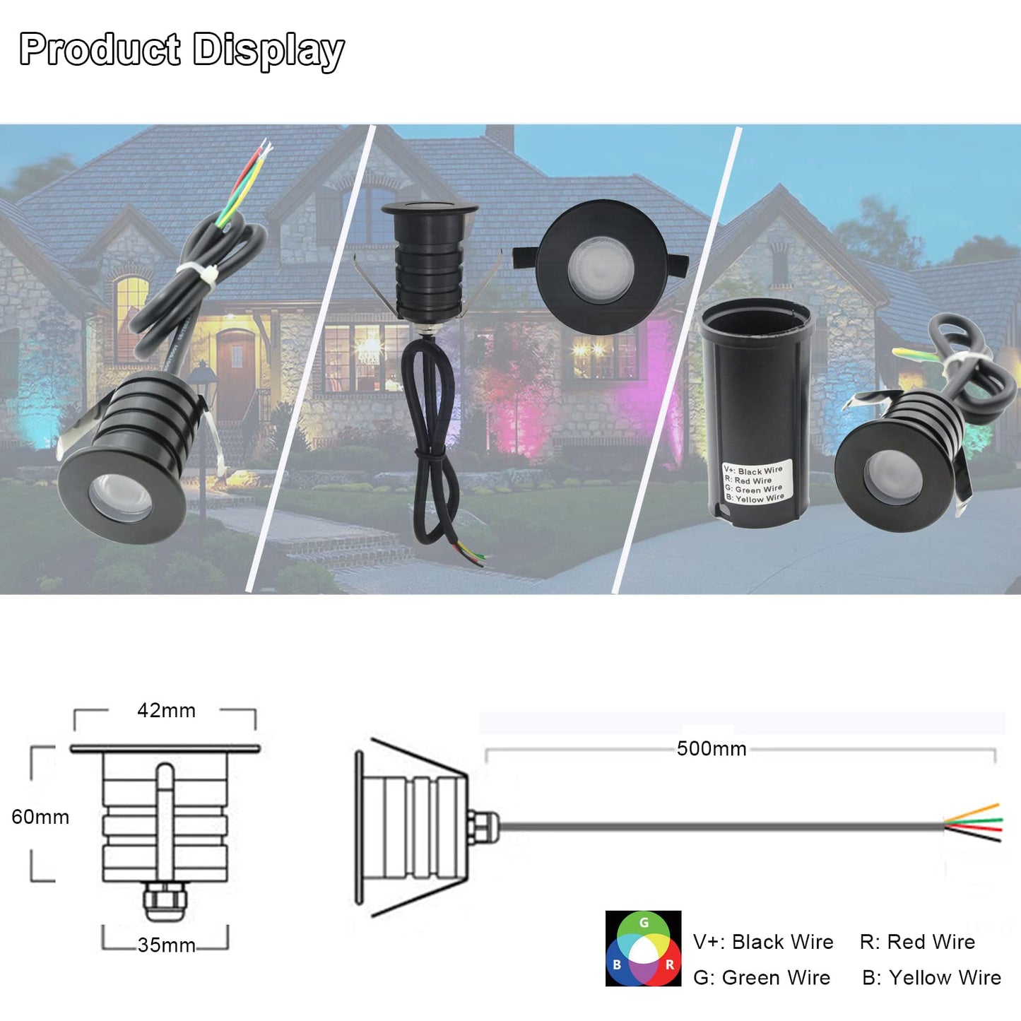 YASHIDA Black Waterproof RGB Recessed LED Deck Step Lights with Protecting Shell, in Ground Outdoor Landscape Lighting IP67,12 24V Low Voltage