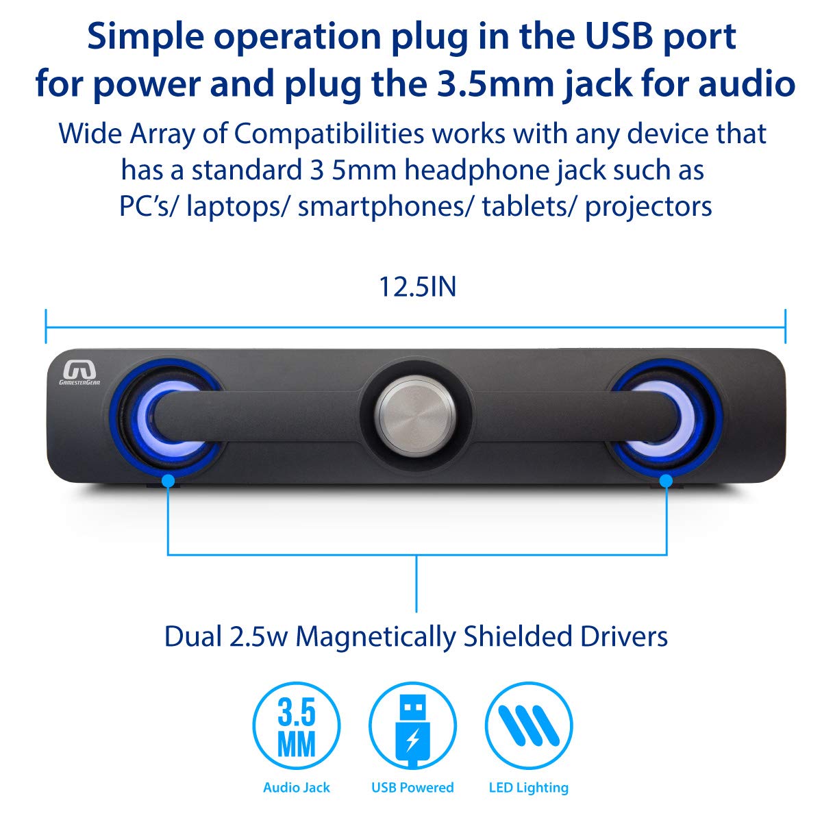 GamesterGear Desktop Compact USB Powered Wired Multimedia Mini Stereo Sound Bar 3.5mm Audio Jack Blue LED 2.5 Watts Speaker