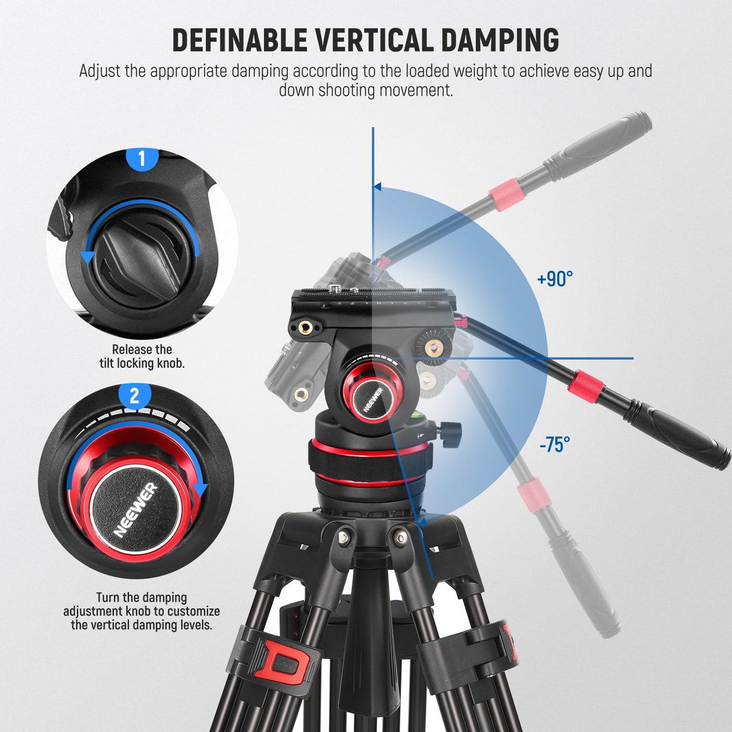 NEEWER Heavy Duty Video Tripod Fluid Head with Stepless Adjustable Pan/Tilt Damping, Quick Release Plate, Compatible with DJI RS Gimbals, Adjustable