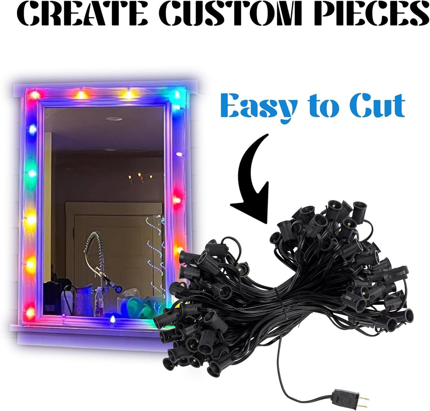 Holiday Lighting Outlet C7 Christmas Light String, Patio and Event Lighting, Black Cord, 12" Socket Spacing SPT-1 (50',)