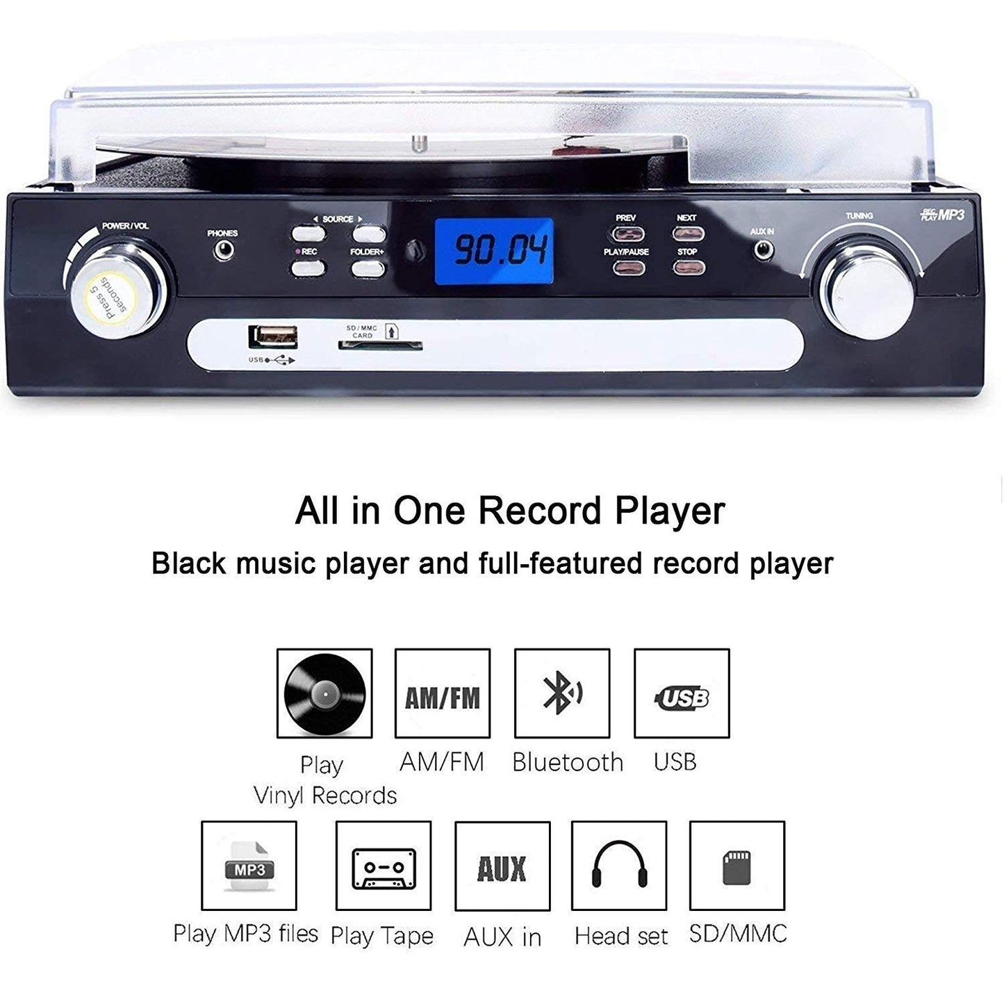 DIGITNOW Bluetooth Record Player with Stereo Speakers, Turntable for Vinyl to MP3 with Cassette Play, AM/FM Radio, Remote Control, USB/SD Encoding
