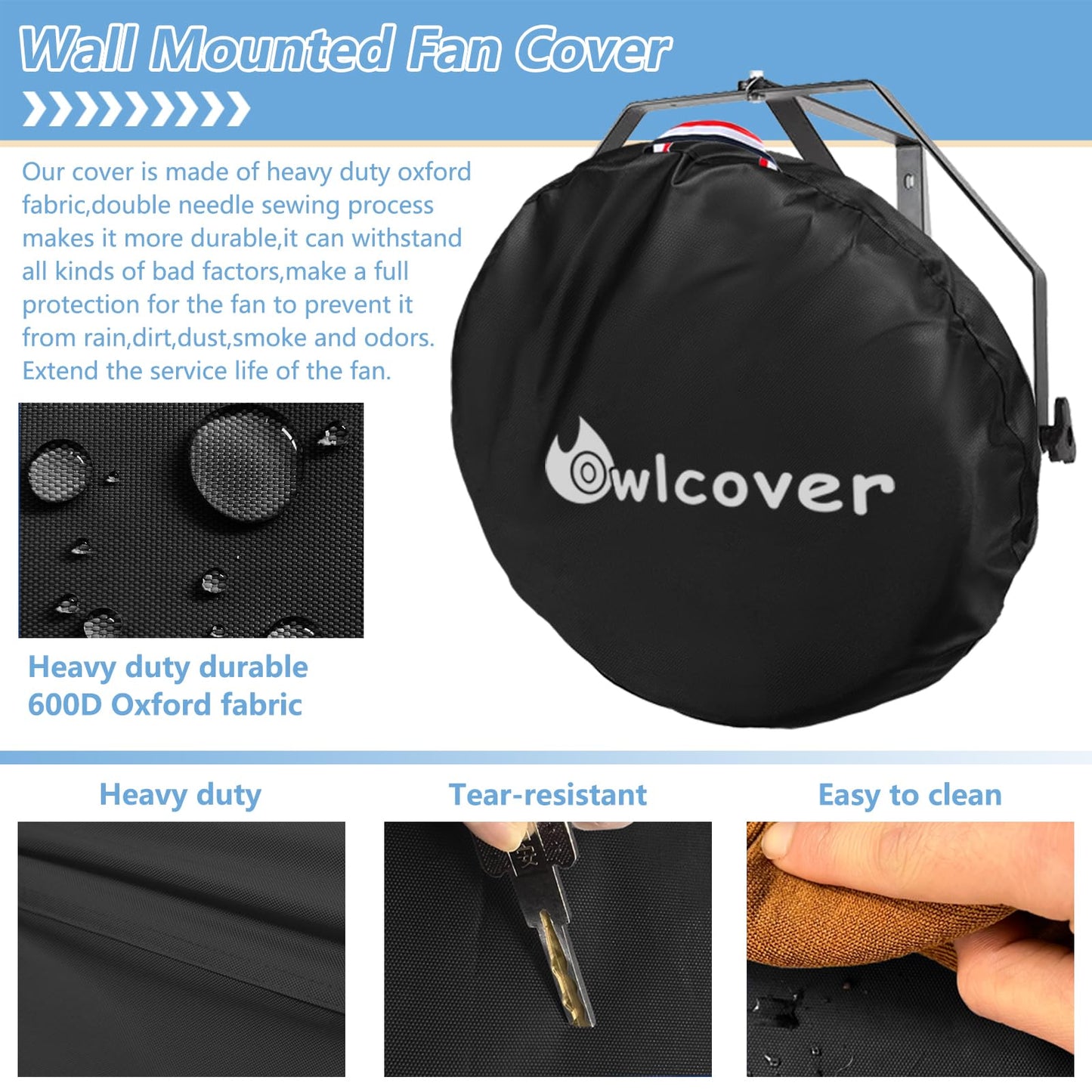 Owlcover Wall Mounted Non Oscillating Fan Cover 18-21 Inch Heavy Duty 600D Waterproof Dustproof Industrial Outdoor Fan Protector Black (Cover Only)