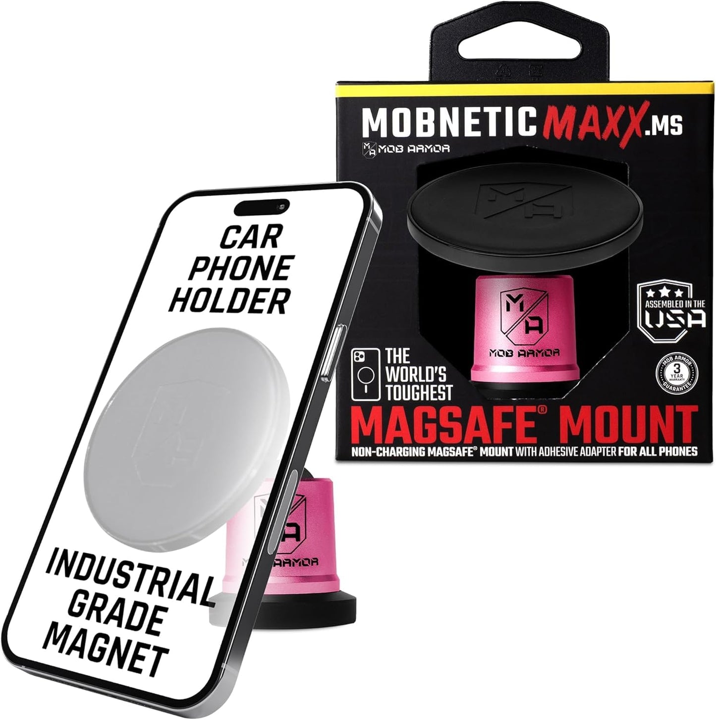 Mob Armor MobNetic Maxx MS - MagSafe Compatible Car Phone Mount w/ 90º Tilt, 360º Rotation & Durable Aluminum Build, Magnetic Holder for iPhone