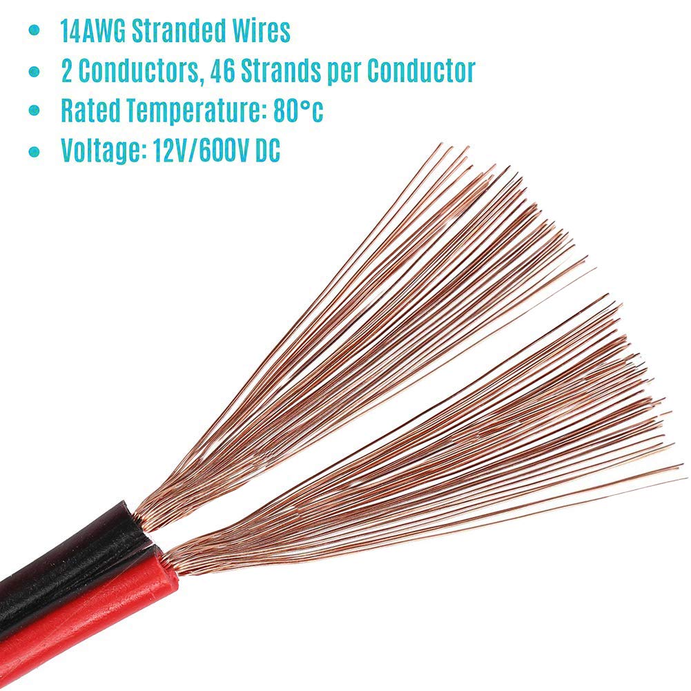 VOYZ 14 AWG Speaker Wire Cable with Flex Oxygen Free Black/RED PVC Sheathing - Ideal for Solar Panels, Home Theater Speakers and Car Speakers