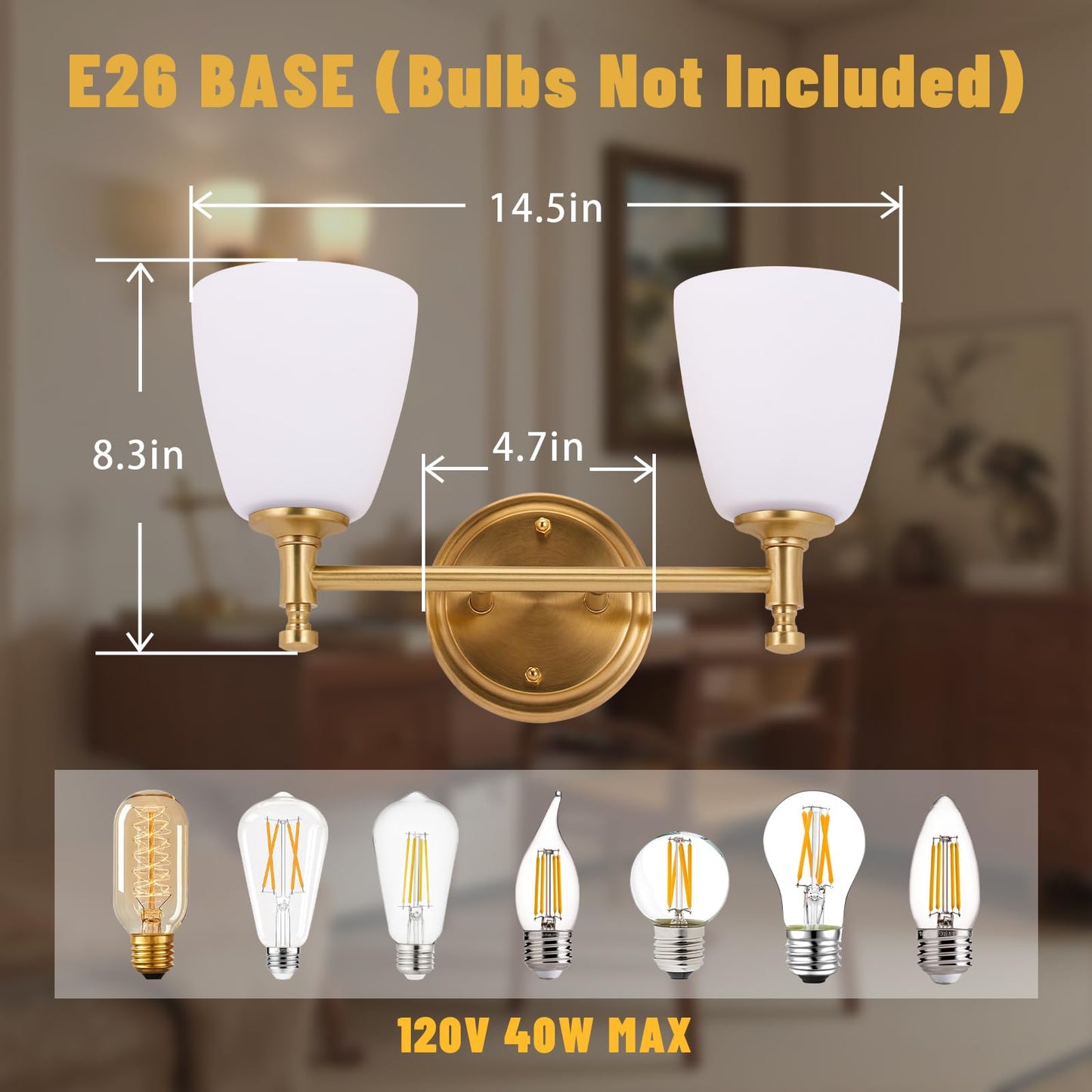 Bathroom Light Fixtures, 2-Light Brass Vanity Light with Milk Glass Shade Vintage Above Mirror Lamp Wall-Mounted Wall Sconce for Bedroom, Living Room