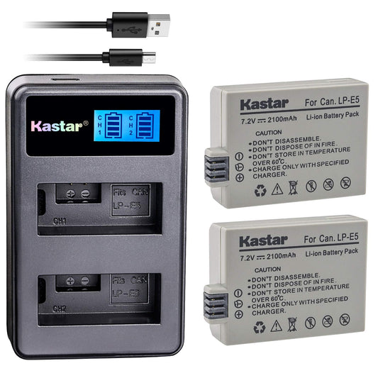 Kastar Battery (X2) & LCD Dual Slim Charger Replacement for LP-E5 LPE5 and EOS Rebel XS, Rebel T1i, Rebel XSi, 1000D, 500D, 450D, Kiss X3, Kiss X2