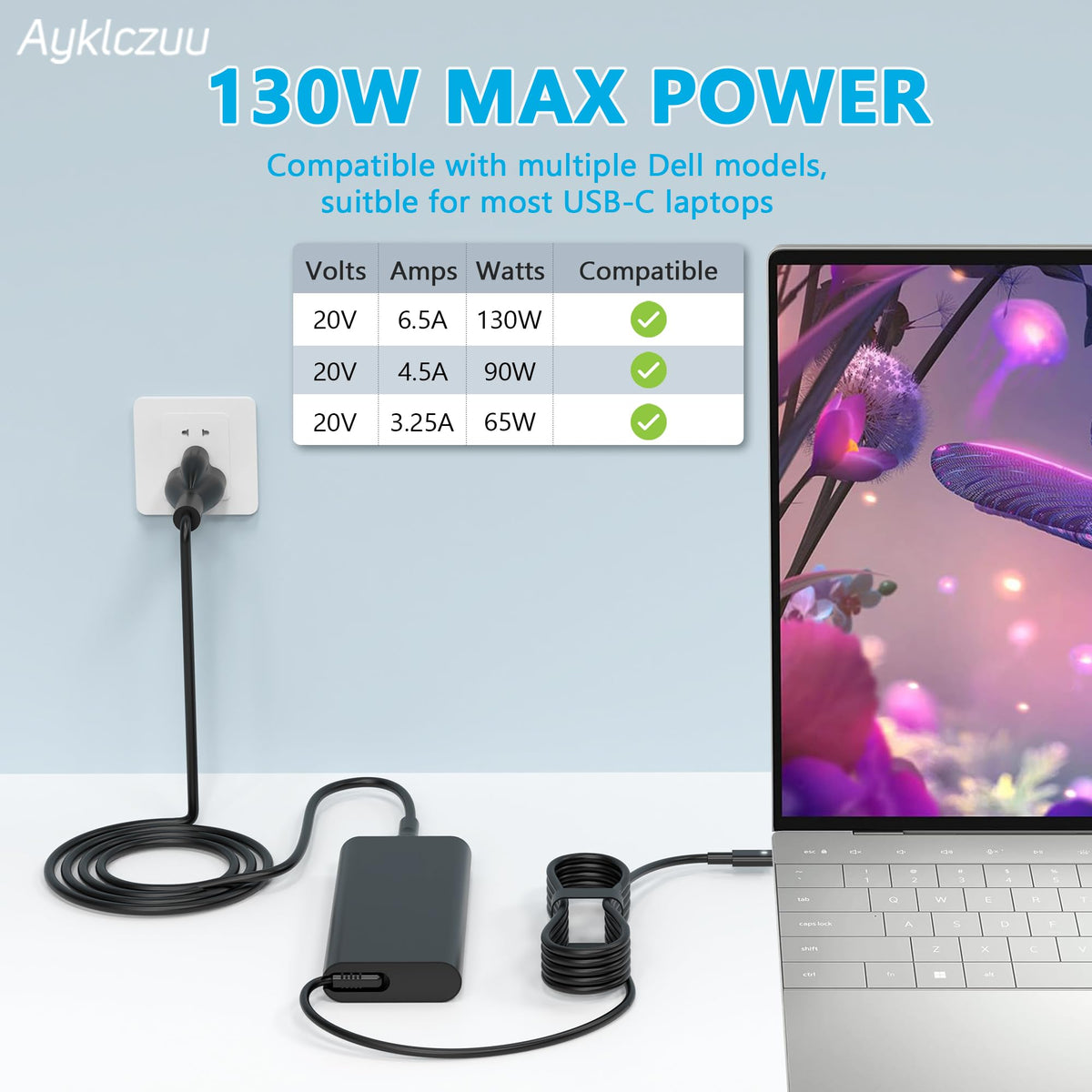AYKLCZUU 130W USB C Type C Laptop Charger AC Adapter for Dell XPS 15 17 2in1 9575 9500 9700 Precision 5530 2in1 5550 5750 3560 Latitude 5520 5540 5420