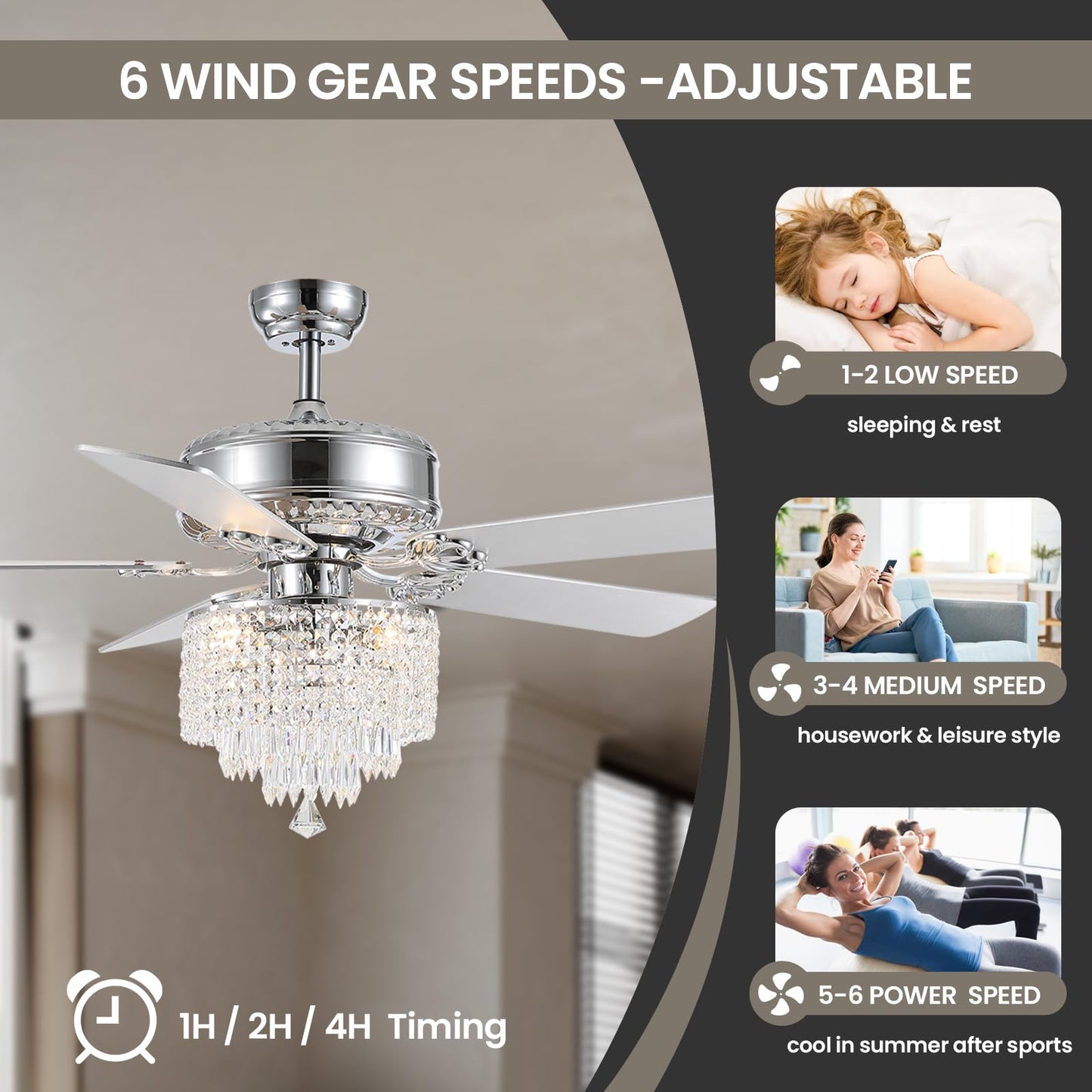 MOOONICHE 52" Modern Fandelier, Crystal Ceiling Fan with Lights and Remote, Sliver Elegant Chandelier Fan Light with 5 Wooden Dual-Sided Blades