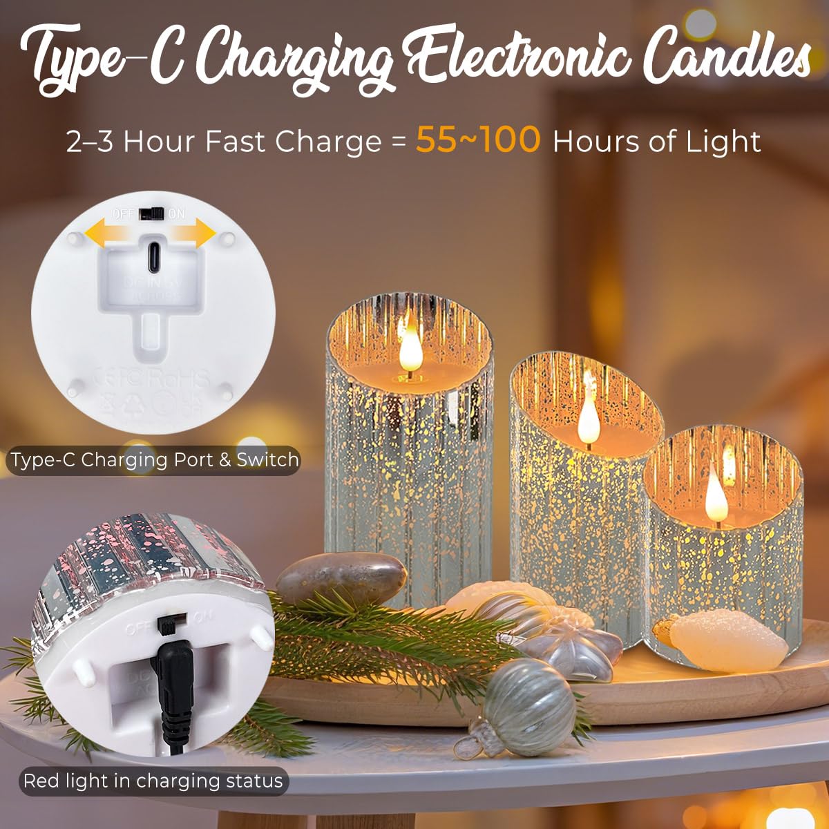 LEDHOLYT Rechargeable Flameless Candle, Flickering LED Pillar Glass Fake Candle with Remote and Timer, Built-in Battery Real Wax Electronic Candle