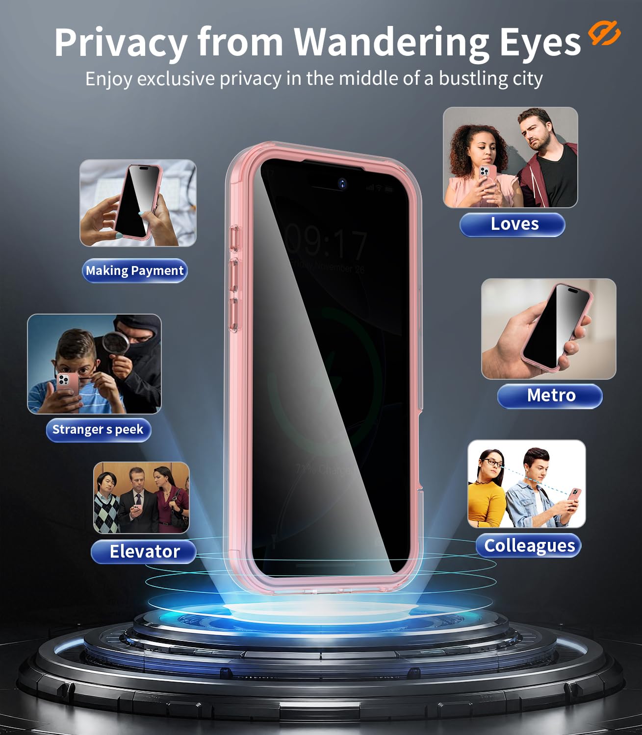 YXU? Privacy Case for iPhone 13/14 with 360° Spin Magnetic Stand Pink