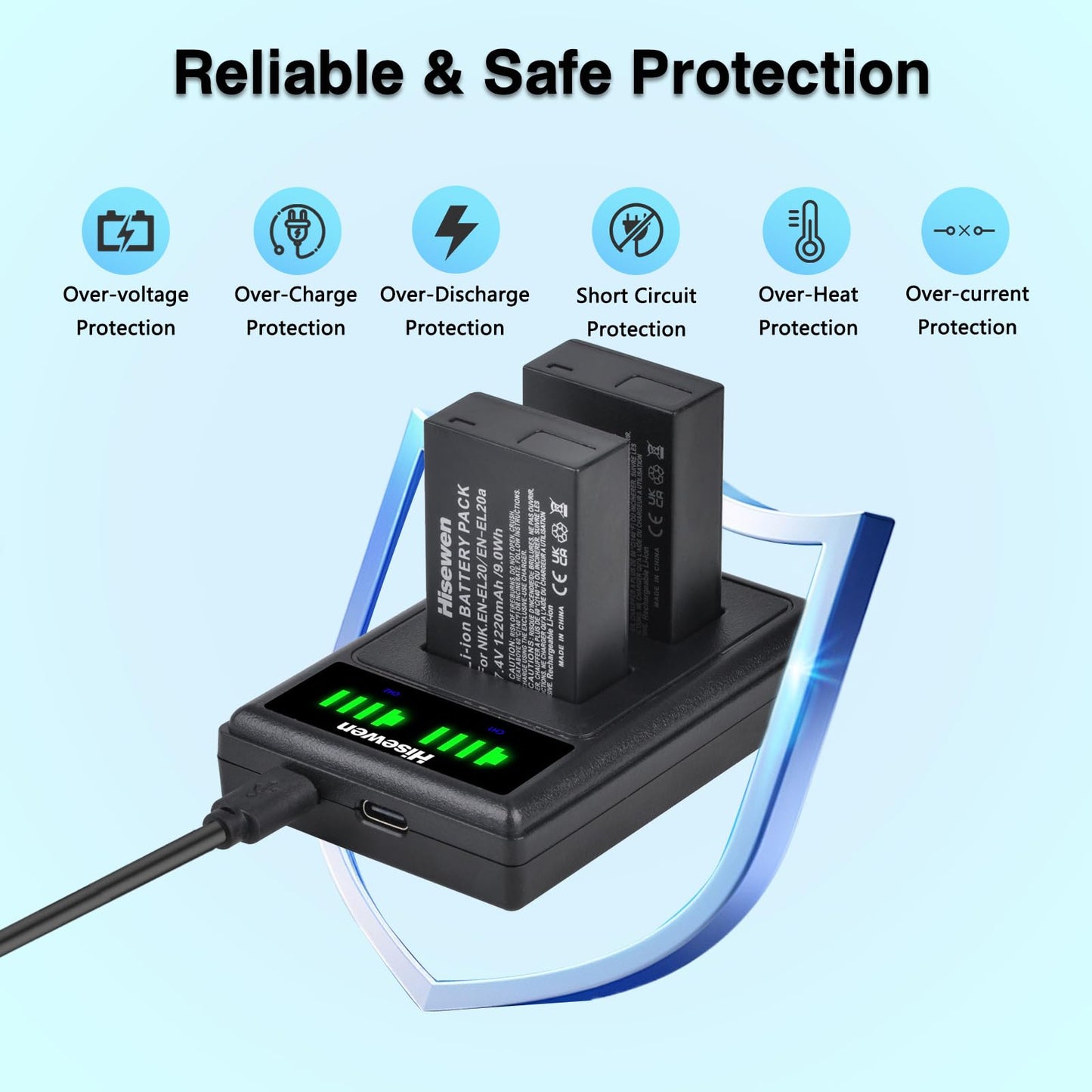 Hisewen EN-EL20 EN-EL20a Battery and Dual Charger for Nikon Coolpix P950, P1000, DL24-500, Coolpix A, 1 AW1, 1 J1, 1 J2, 1 J3, 1 S1, 1 V3 Digital
