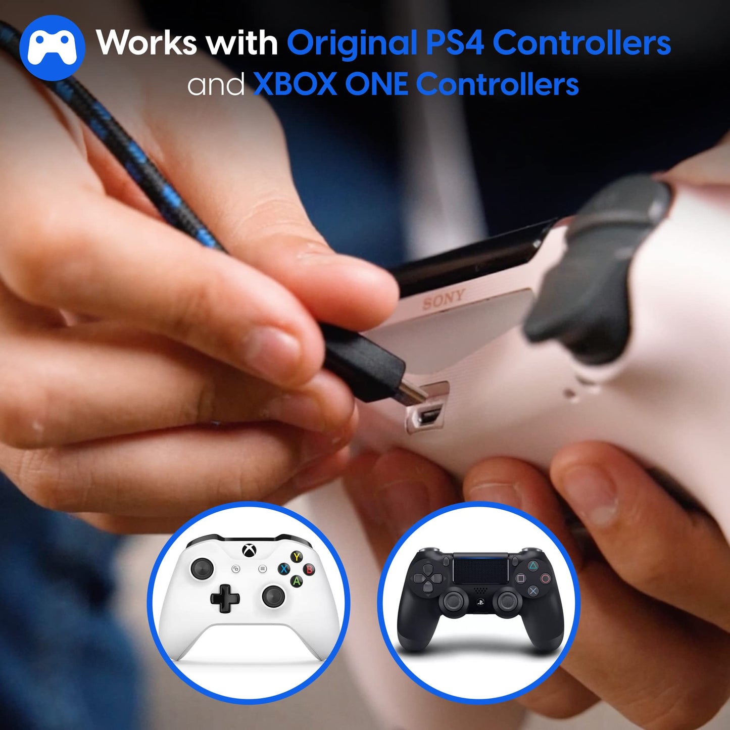 TalkWorks Long Controller Charging Cable for PlayStation 4-10-Foot Long Braided Micro USB Cord Charger Cord for PS4 Controller - Blue-Black, 2 Pack
