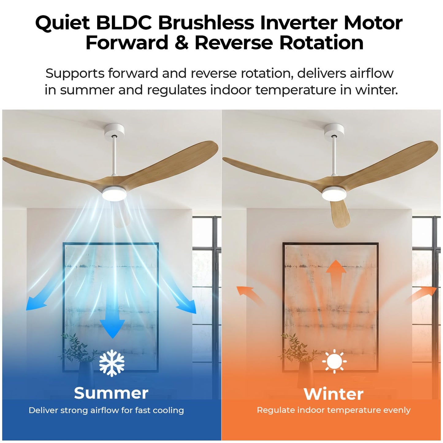 STANDLE 72 Inch Wooden Ceiling Fans with Lights and Smart Control, Natural