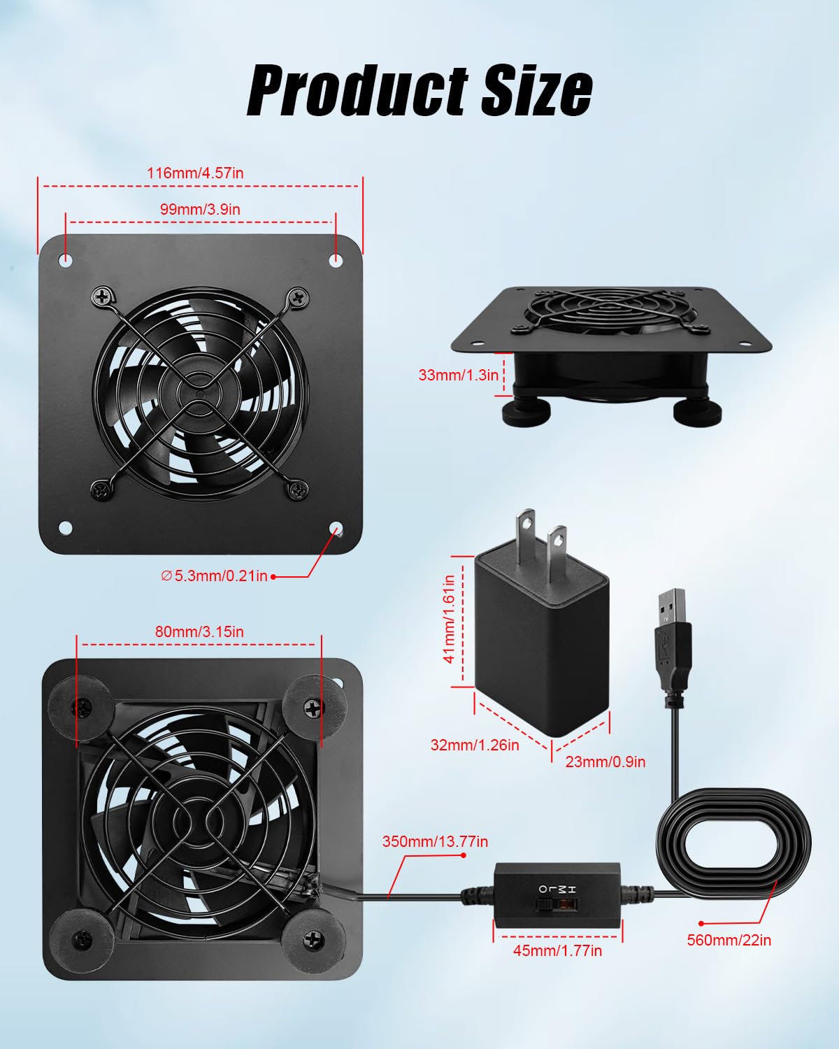 ZXWATC USB Cabinet 80mm Quiet Cooling Fan System with Speed Control, Metal 4" USB Powered AV Cabinet Fan for Home Theater, Game Console, Network