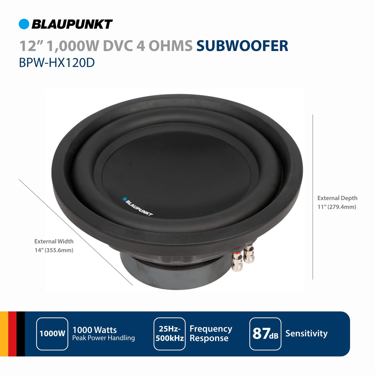 BLAUPUNKT BPW-HX120D 12" 1000W DVC Car Subwoofer Audio Speaker - 500WRMS / 1000WMax - 25Hz-500Hz Frequency Response - Treated Paper Cone with Rubber Surround