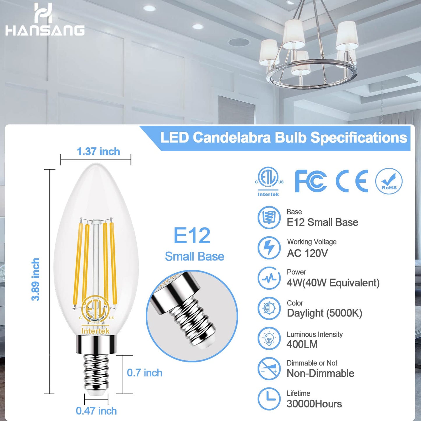 hansang E12 LED Candelabra Light Bulbs 40W Equivalent 5000K Daylight