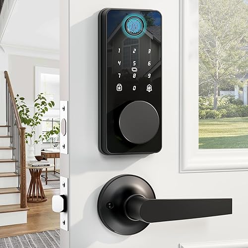 Smart Lock with Handles, Fingerprint Door Lock App Control, Keyless Entry Door Lock Set, Electronic Keypad Deadbolt, Auto & One Touch Lock, Easy
