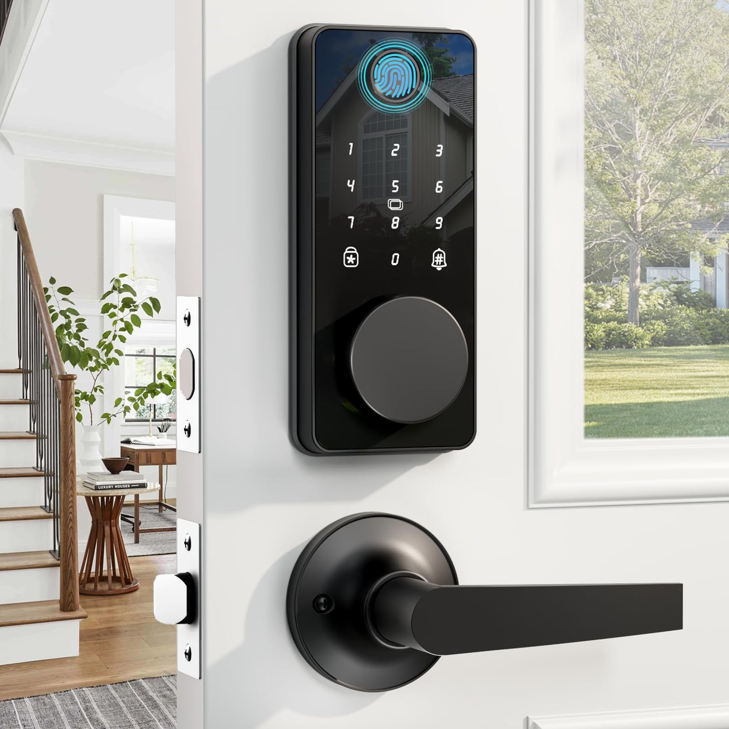 Smart Lock with Handles, Fingerprint Door Lock App Control, Keyless Entry Door Lock Set, Electronic Keypad Deadbolt, Auto & One Touch Lock, Easy