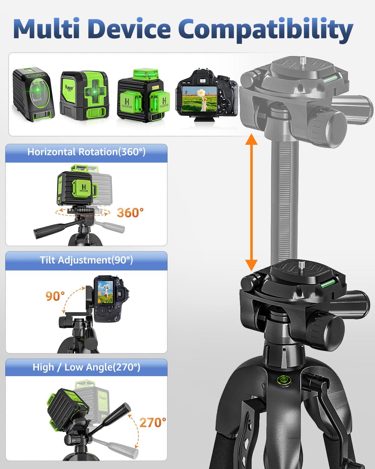Laser Level Tripod, Huepar 56” Extendable Height Tripod for Line Lasers, Point Lasers, Laser Distance Measures, 1/4" and 5/8" Thread Mount
