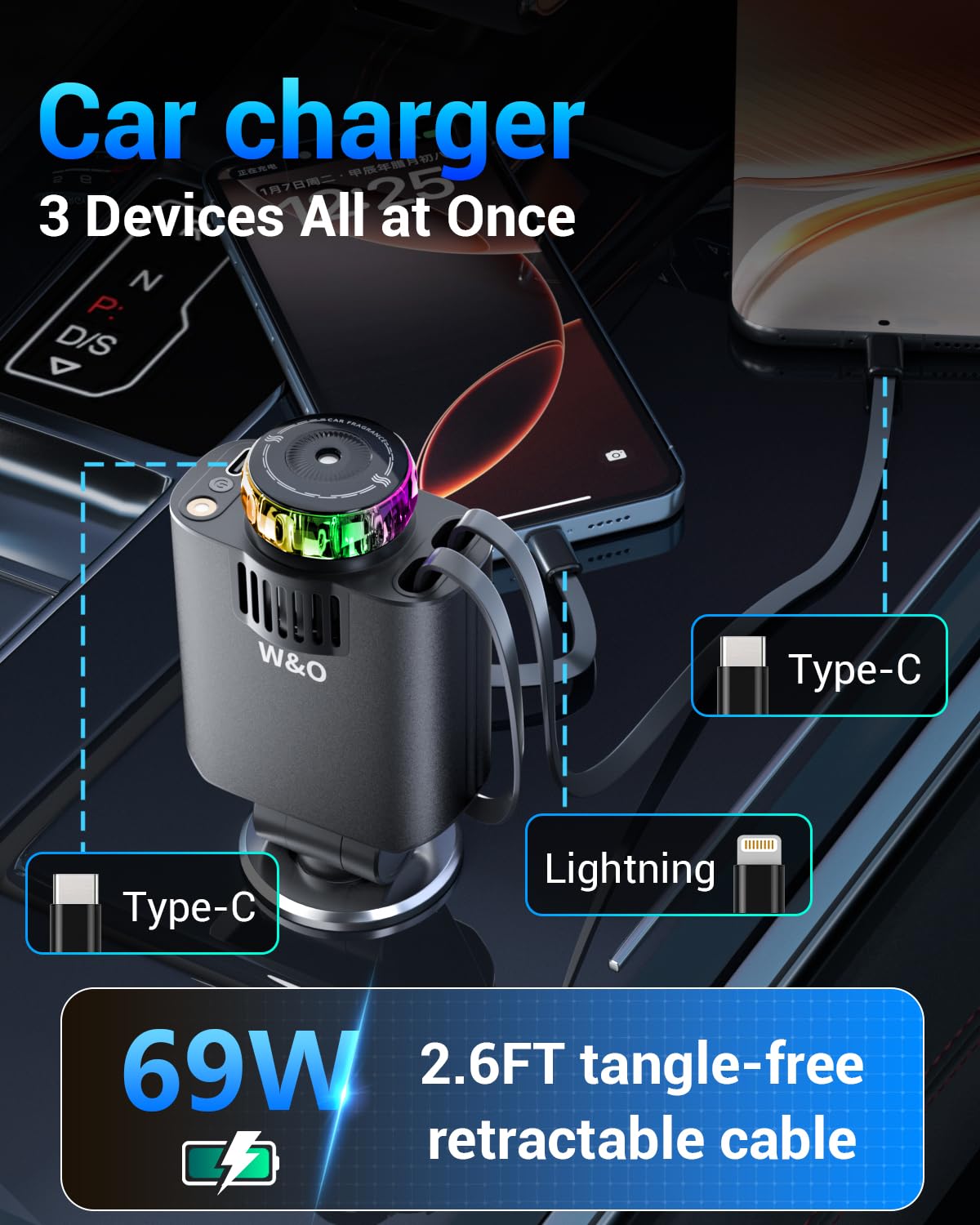 W & O Car Charger Fast Charger for iPhone17/16/15,69W Retractable car Charger with Aromatherapy and Starlight,5 in 1 Fast Car Charger with L/C