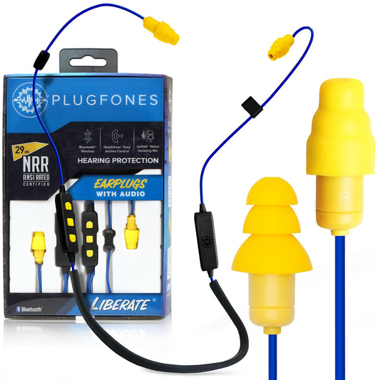 Plugfones Liberate 2.0 Wireless Bluetooth in-Ear Earplug Earbuds- 29NRR Noise Reduction Headphones with Noise Isolating Mic and Controls (Blue