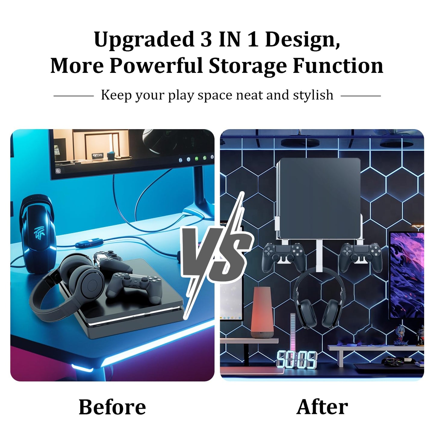 Wall Mount Kit with Detachable 2 Controller Holder & Headphone Hanger, Metal Wall Mount Stand Compatible with PlayStation 4 Slim