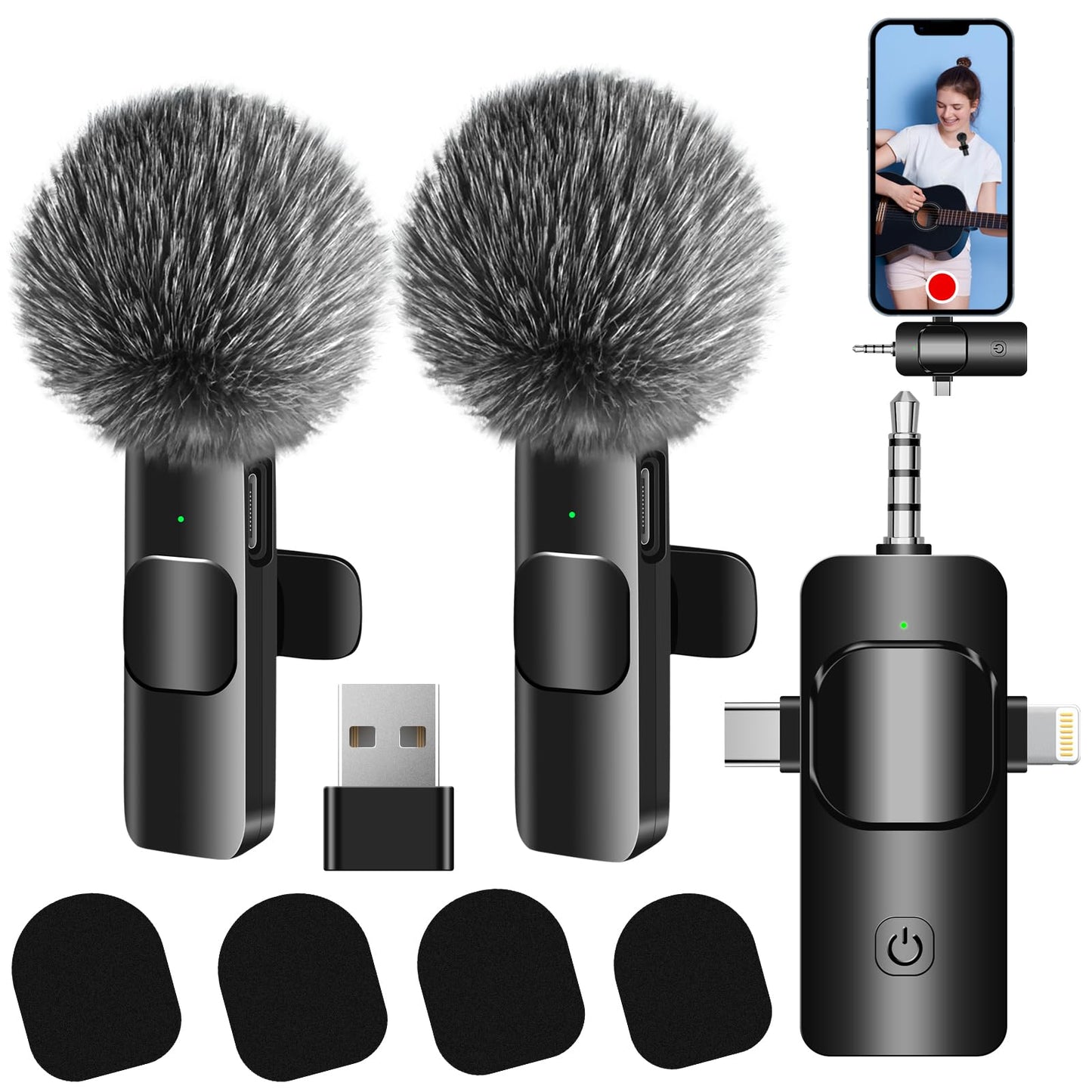 4 in 1 Wireless Lavalier Microphone for iPhone/USB C Android/Camera/Laptop PC,Mini Microphone 2.4G Ultra-Low Delay with Noise Reduction Cordless Lapel