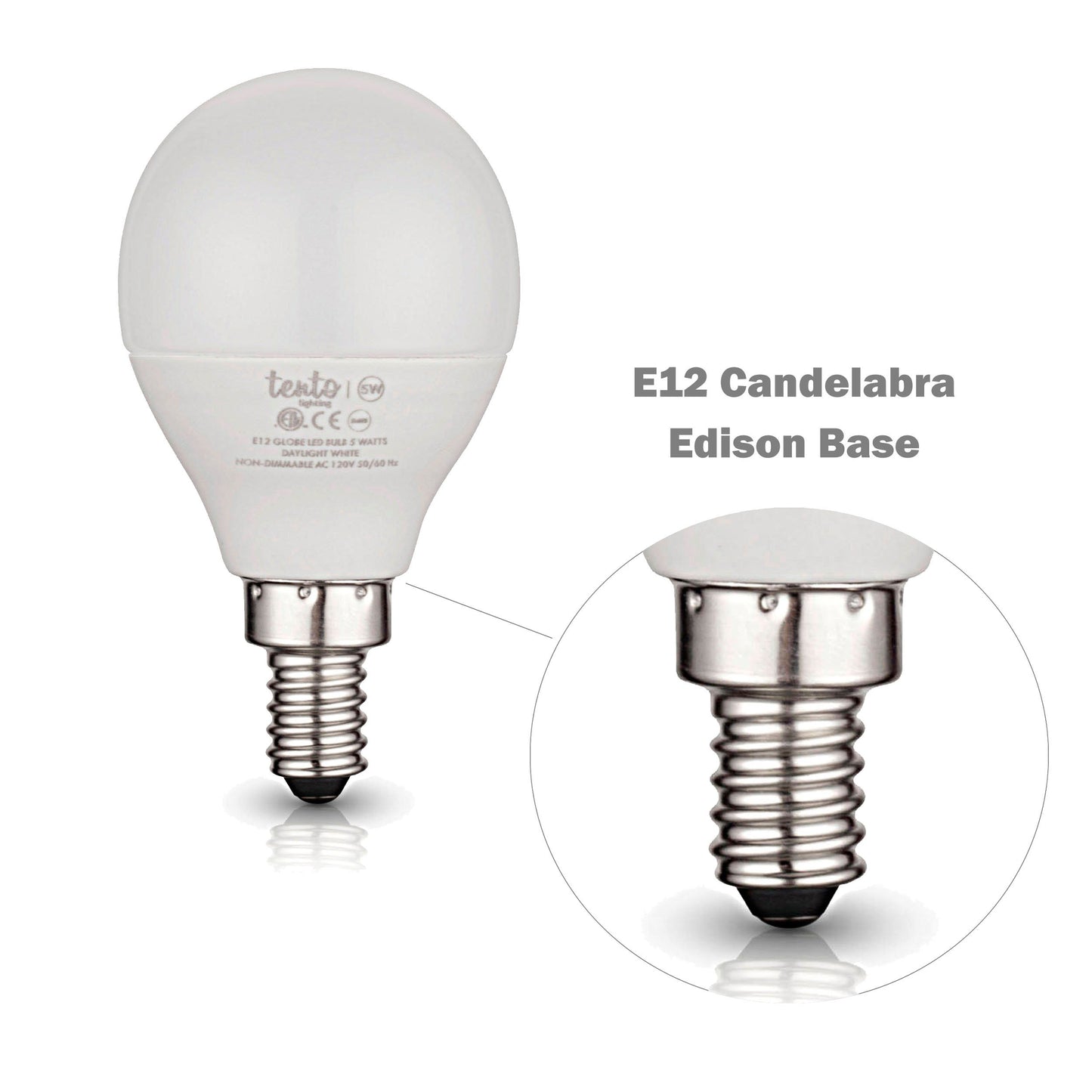 tento E12 LED Bulbs 5w Soft White Small Candelabra Edison Base Globe Shaped Energy Saving Ceiling Fan LED Light Bulbs, Warm White, 240 Degrees Beam