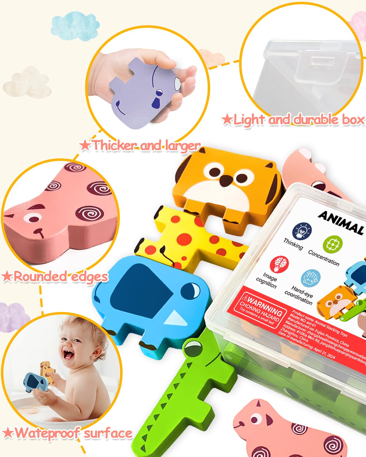 Montessori Toys 10pc Wooden Animal Blocks – Sorting & Stacking Puzzles for Toddlers Ages 1-4, Educational Birthday Gift for Boys & Girls