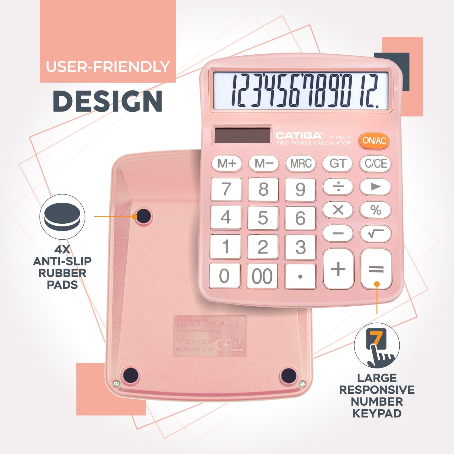 CATIGA 12 Digits Desktop Calculator with Large LCD Display and Sensitive Button, Dual Solar Power and Battery, Standard Function for Office, Home