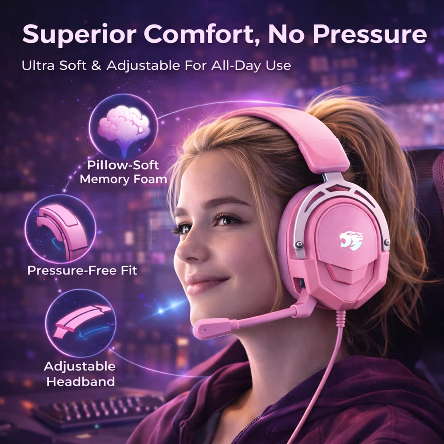 IYGR K98 Wired Gaming Headset, Durable Aluminum Frame Gaming Headset with Memory Earmuffs, 50mm Dynamic Drivers Stereo Surround Sound, Over Ear
