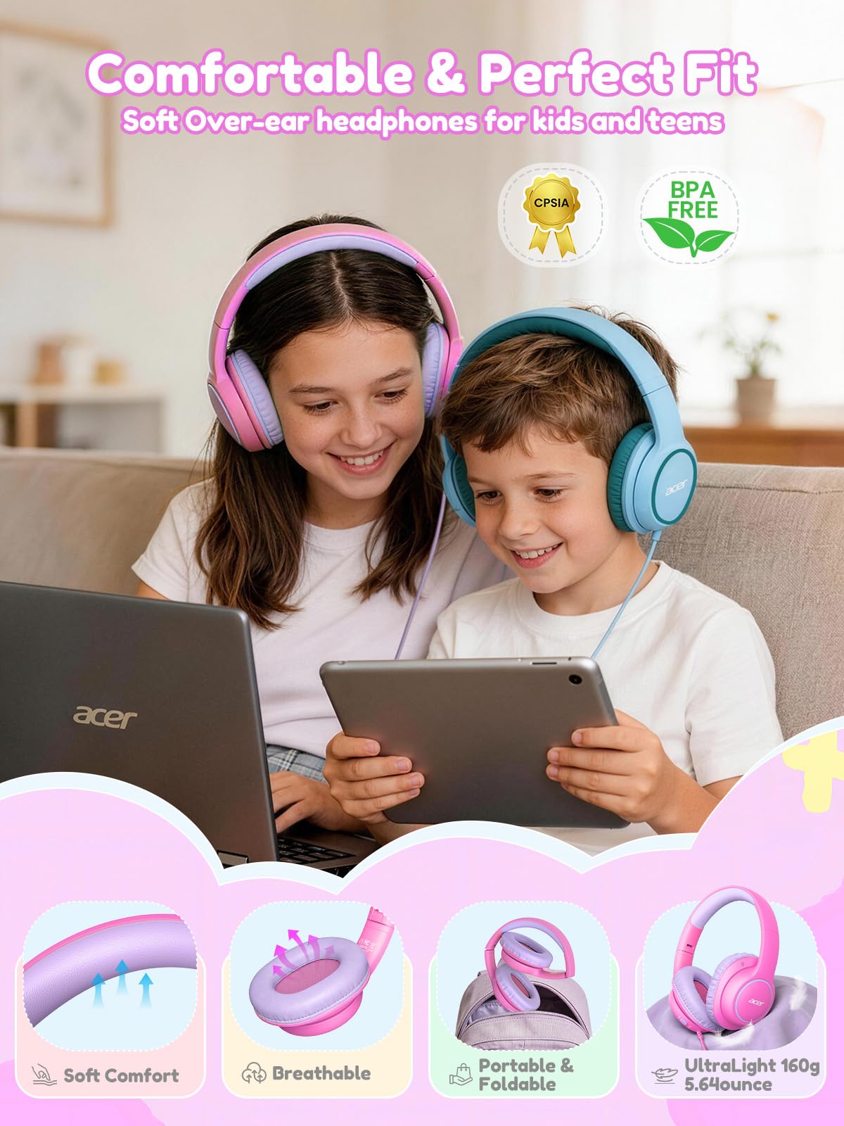 Acer OHW328 Kids Headphones Wired for School - Over Ear Design