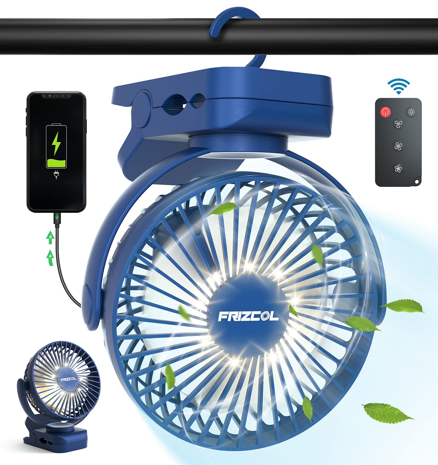 Clip on Fan, 65Hours Portable Rechargeable Fan with LED Lights/Remote/Hooks