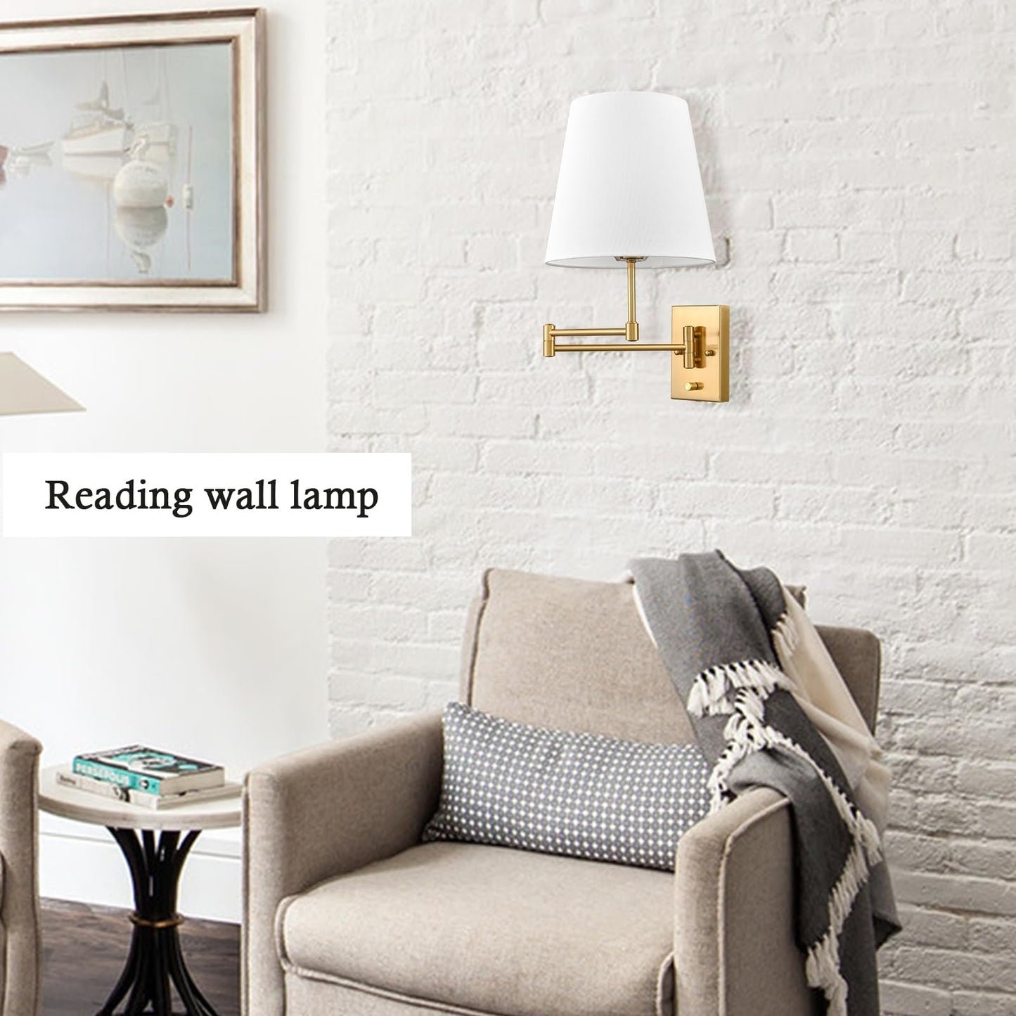 HYDELITE Gold Swing Arm Wall Lamp Brass Wall Sconces with Linen Shade | Plug-in or Hardwired Wall Light Fixtures Bedroom Bedside, House Reading
