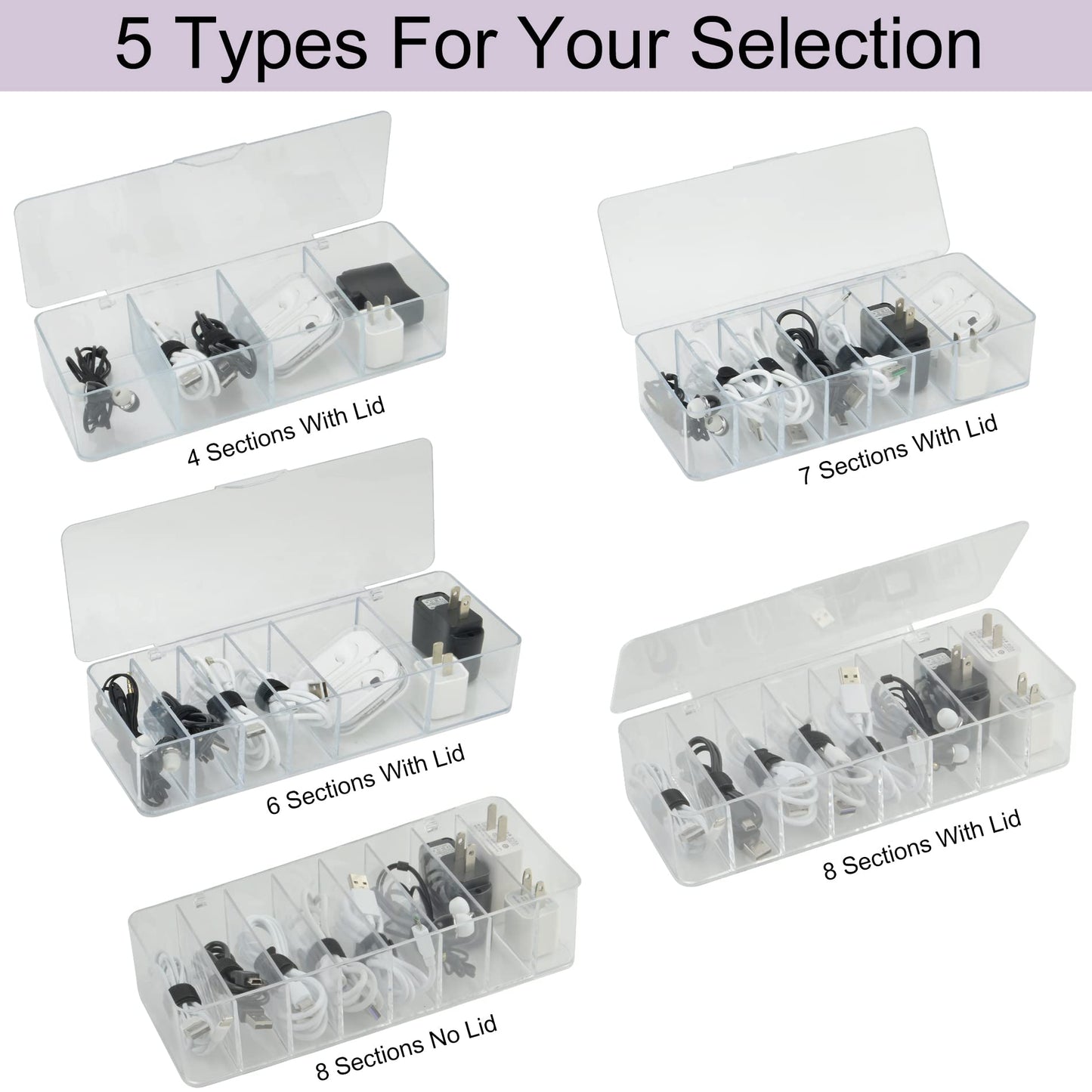 Electronics Organizer 7 Sections Clear Acrylic Cable Storage Bin Box Cord Holder with 20 PCS Reusable Fastening Fabric Cable Ties Straps Cord Wraps (7