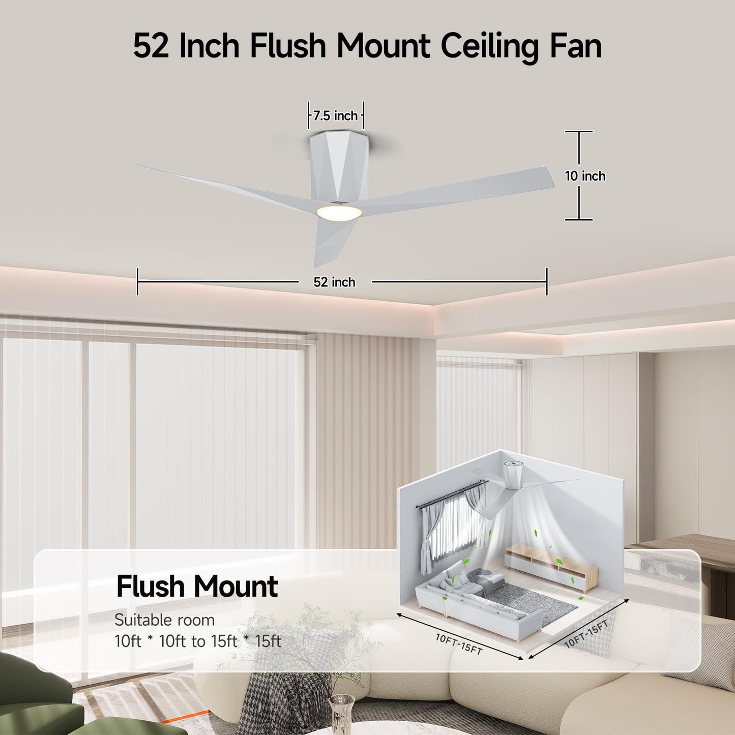 Roomratv 52 Inch Modern Silver Finished Ceiling Fans with Dimmable Led Lights, Flush Mount Ceiling Fan with Remote Control, Quiet DC Reversible Motor