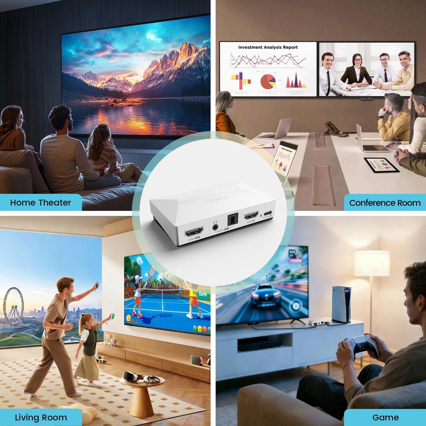 MOSWAG HDMI Audio Extractor, 4K60 HDMI to Optical 3.5mm AUX Audio Adapter Splitter Converter, White, Compatible with PS5, Switch, Blu-ray Player