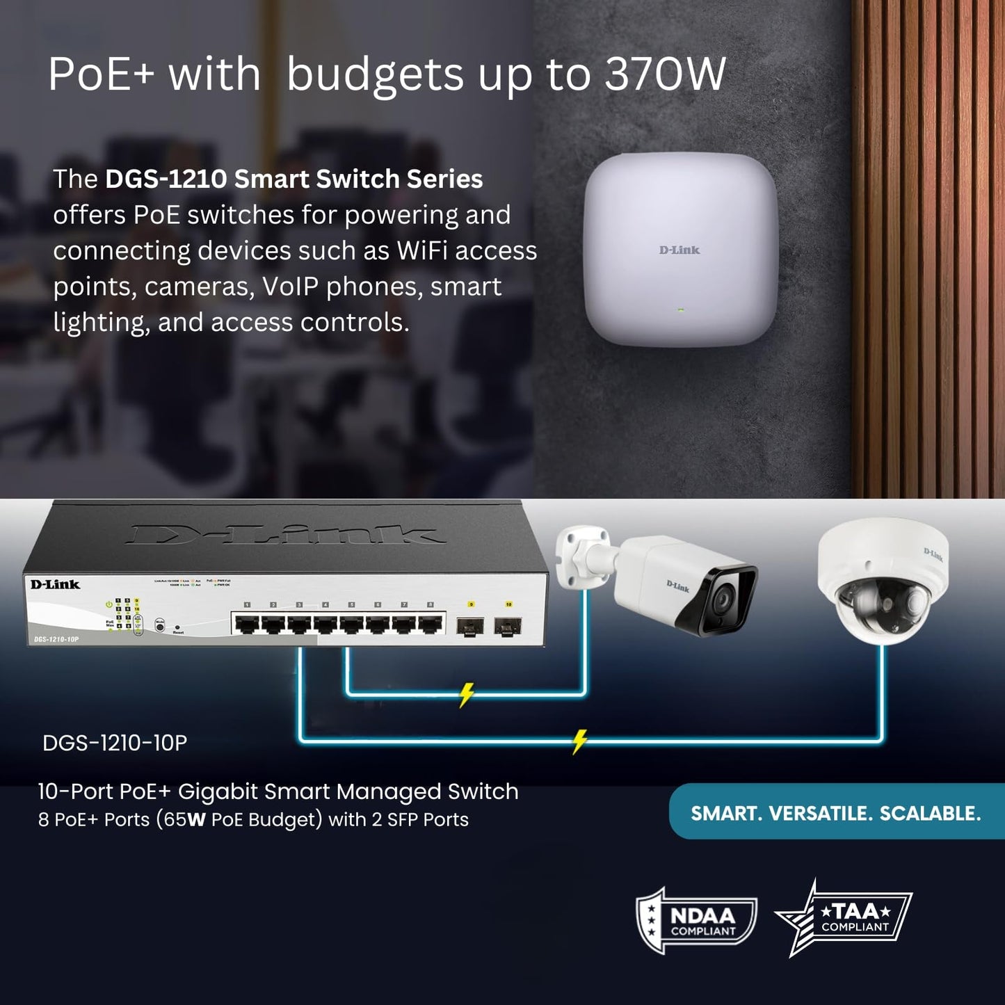 D-Link 10-Port Gigabit Smart Managed PoE+ Switch | 8 PoE+ Ports (65W) + 2 SFP Ports | L2+ | VLANs | Web Managed | Surveillance Mode | Desktop or