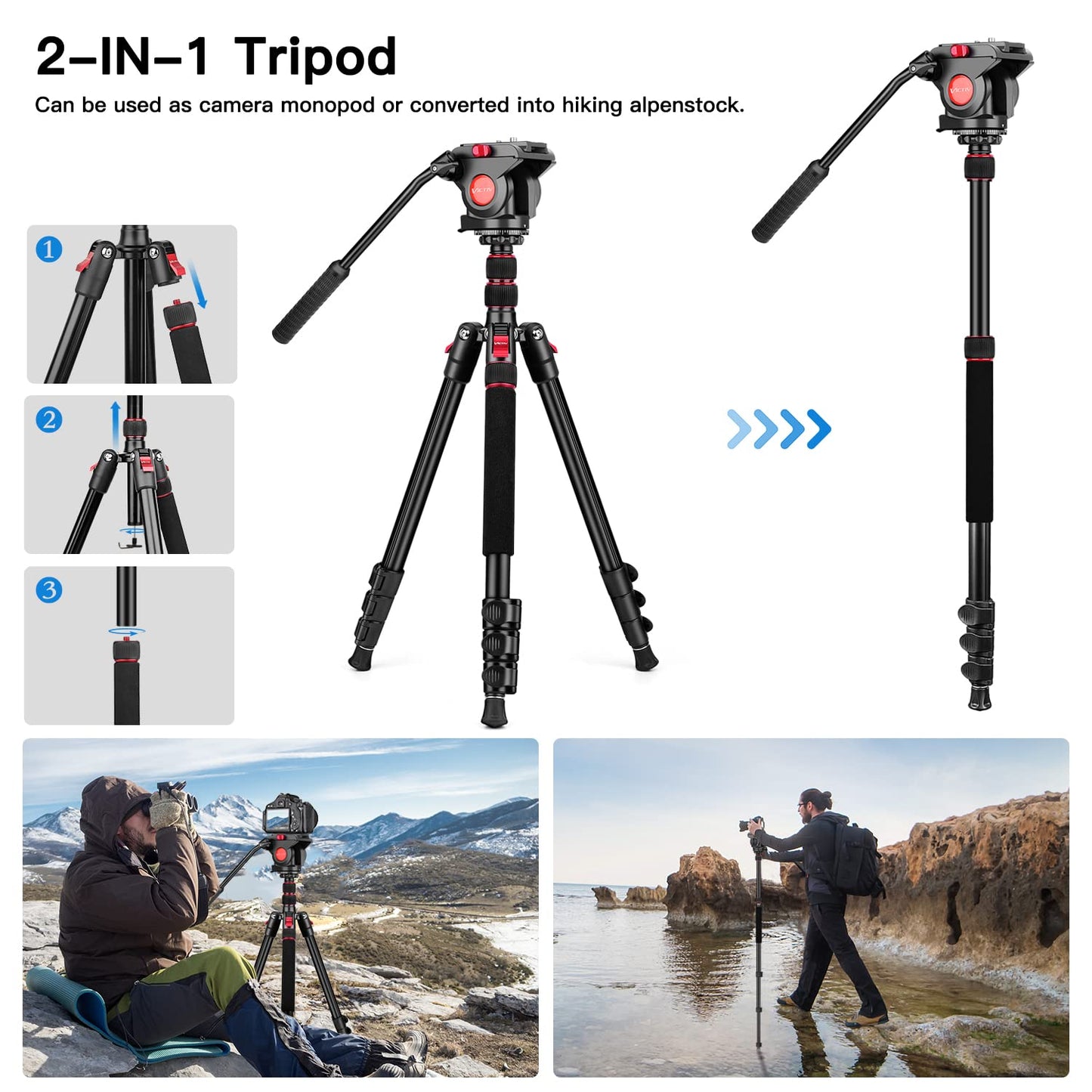 Victiv Camera Tripod, 72" Video Tripod with Fluid Head, Aluminum Heavy Duty Tripod with Carry Bag, Professional Camera Tripods & Monopods, Compatible