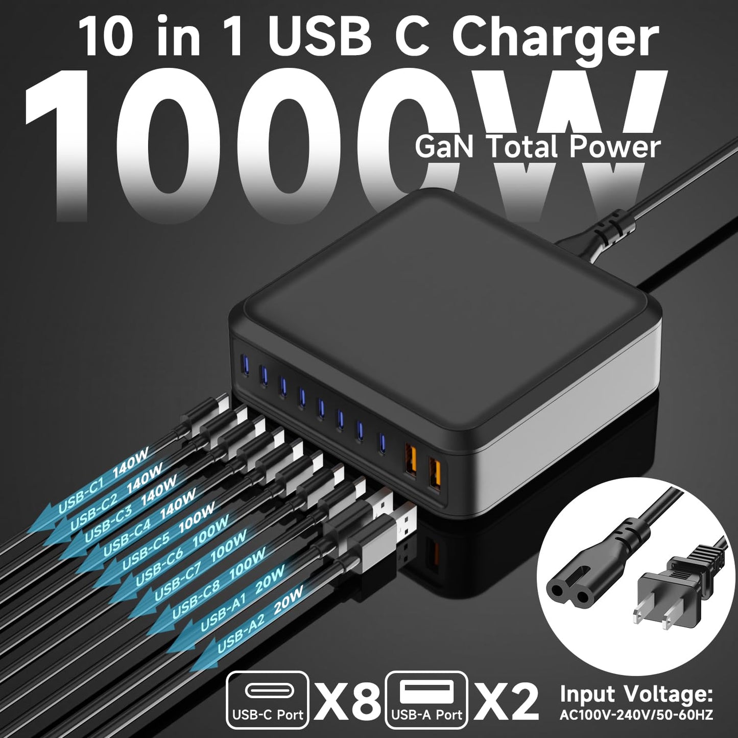 1000W USB C Charger Block,10 Port USB C Charging Station GaN Type C Charger Block,PD 140W Laptop Fast Charger Adapter with 8 USB-C Ports and 2 USB-A
