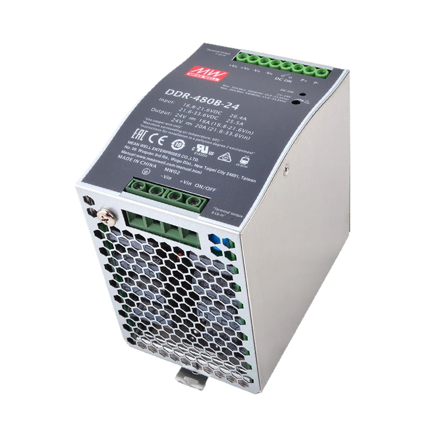 Mean Well USA DDR-480B-24 DC-DC Converter, DIN Rail, 480W, 24V, 20A, 16.8-33.6V In