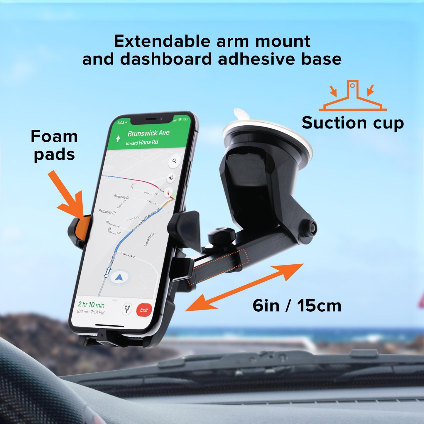 Armor All Phone Mount for Cars, Suction Dashboard & Windshield Phone Holder, 6 Inch Extendable Arm, 360° Rotation, Fits iPhone Max, Android, and All