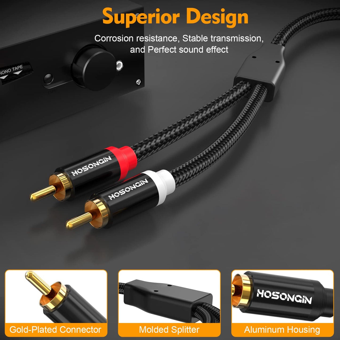 HOSONGIN RCA Cables 3.3ft 2 Pack[Hi-Fi Sound, Nylon Braided, Shielded], 2-Male to 2-Male RCA Audio Stereo Subwoofer Cable Auxiliary Cord for Home