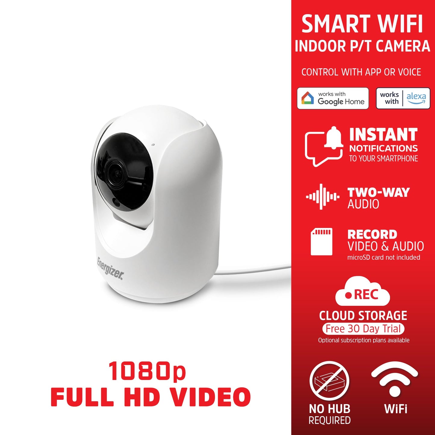 Energizer Smart 1080p Indoor Pan & Tilt Wired Camera, Motion Tracking, Two-Way Conversation, Night Vision, Instant Notifications, Works with Google