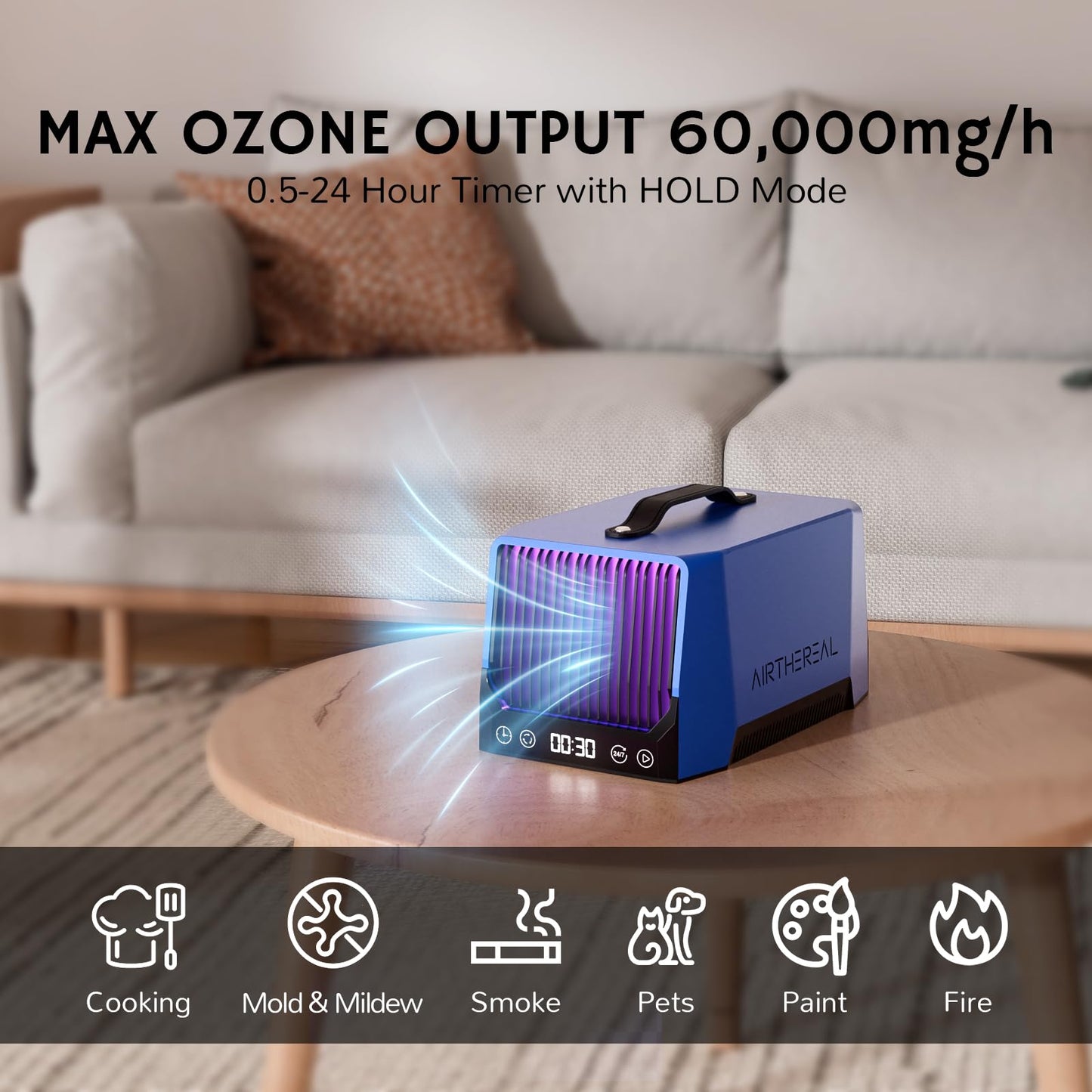 Airthereal DA25 Desktop Ozone Generator, 60000mg/h, 5000 Sq Ft, Blue