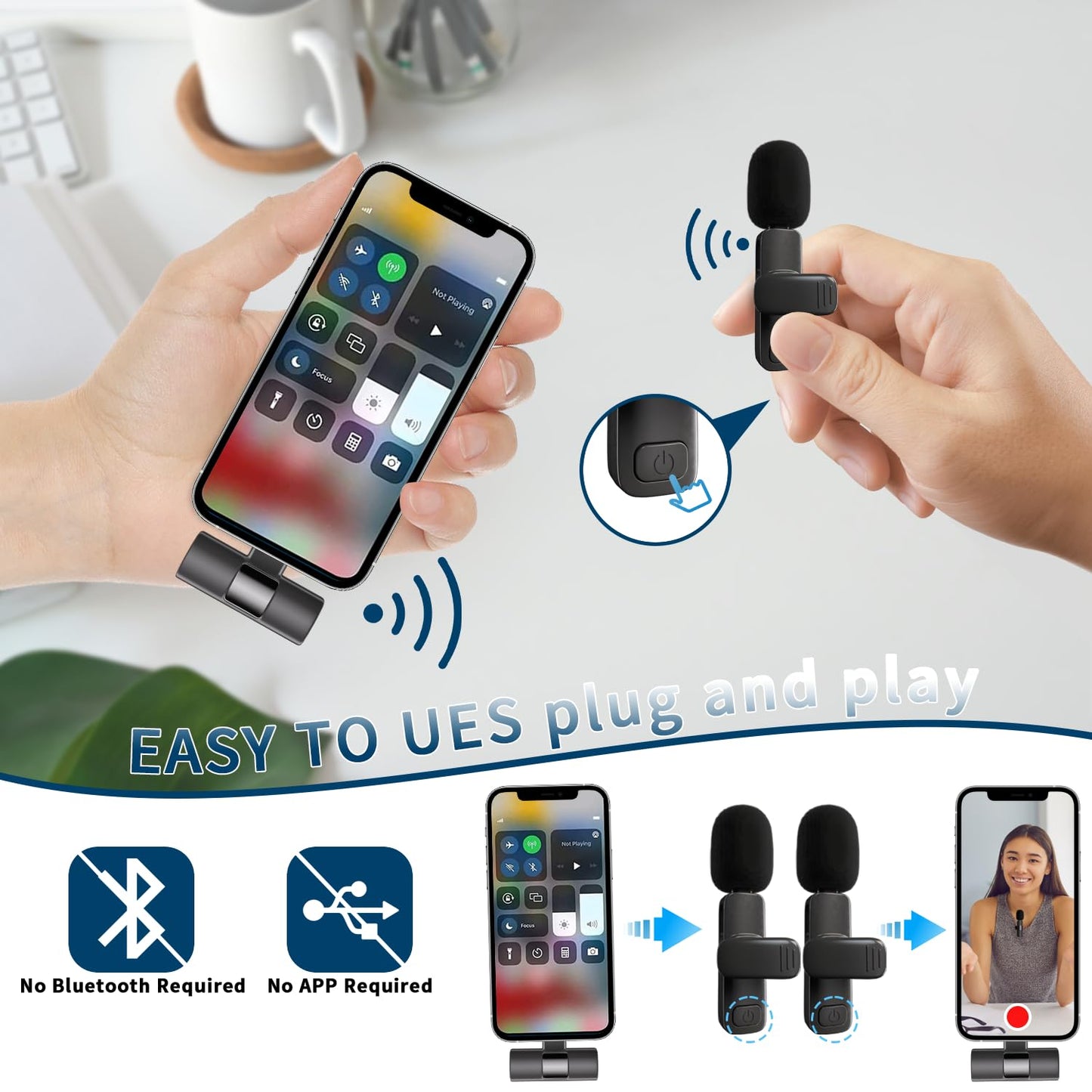 Professional Wireless Lavalier Lapel Microphone for iPhone, iPad, Cordless Omnidirectional Condenser Recording Mic for Video Recording, Live