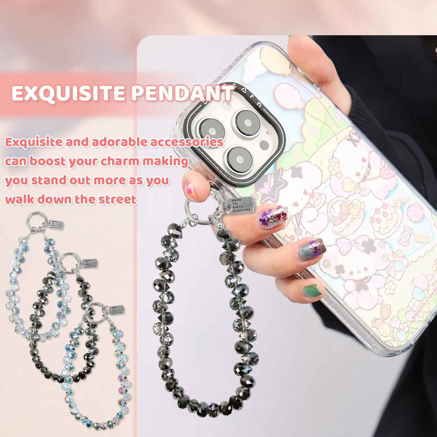 NEETUE 3PCS Crystal Beaded Wrist Strap Cell Phone Charm with 3Pcs Tether Tab Phone Bracelet Wrist Strap Lanyard for Women