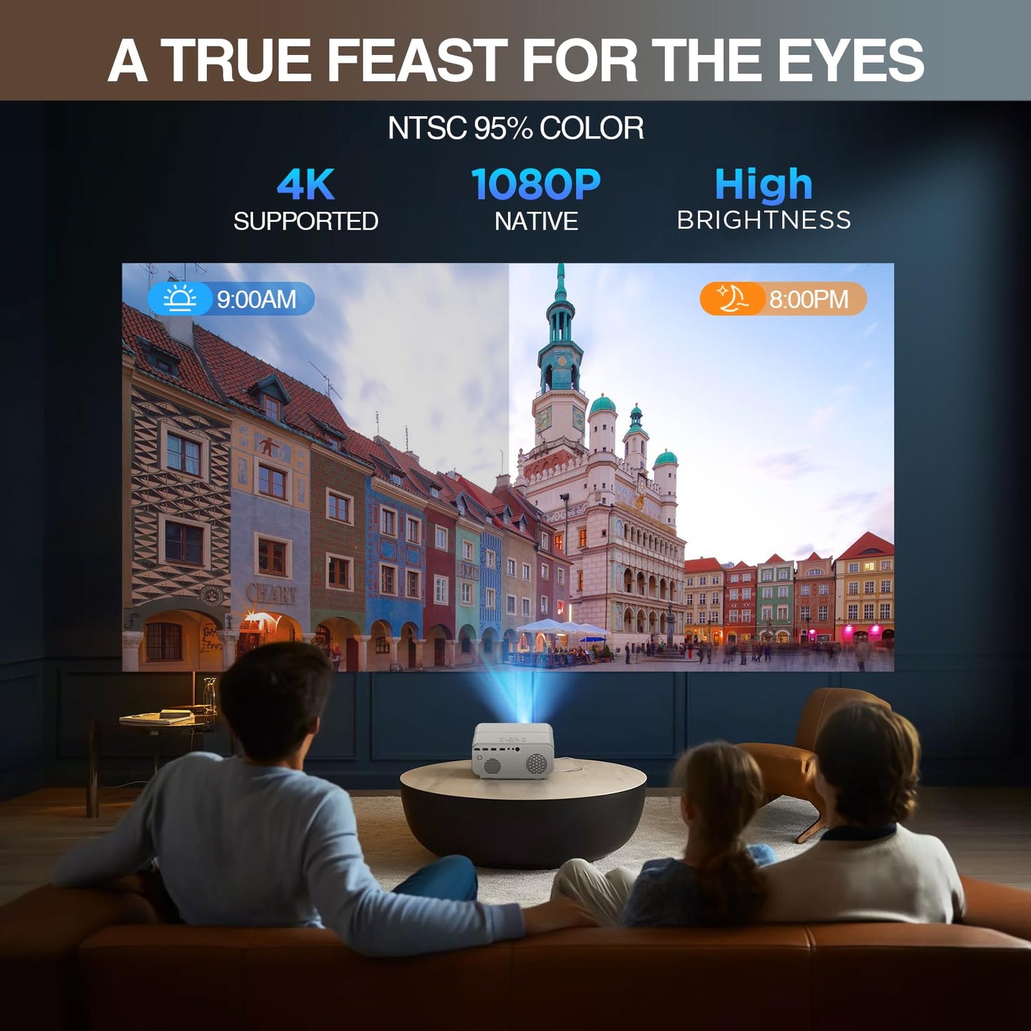 [Auto Focus/4K Support] Projector with WiFi and Bluetooth, Native 1080P Outdoor Movie Projector with Auto Focus/4P6D Keystone/50% Zoom/PPT, DBPOWER